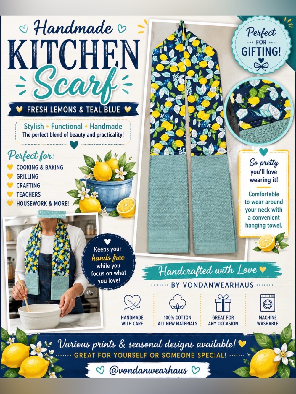 Handmade Lemon Print Kitchen Scarf